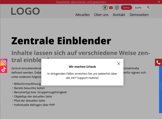 Einblender: Hinweis als Infolayer mittig