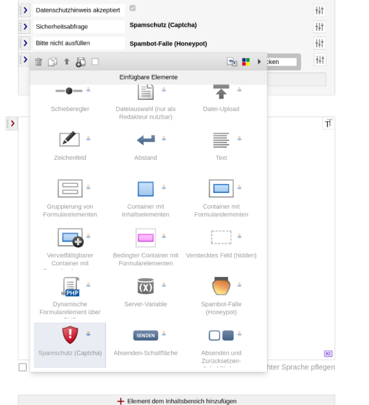 Formular-Spam-Schutz-Elemente über Editor in Seite einbinden