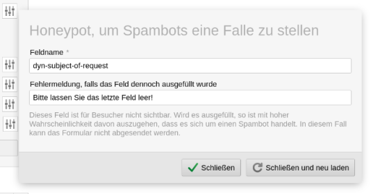 Formular-Spam-Schutz-Elemente über Editor konfigurieren
