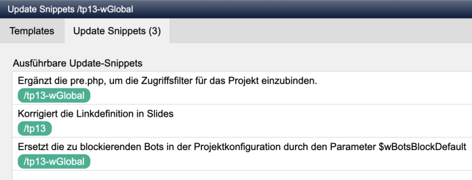 Projektaktualisierung: Update-Snippets