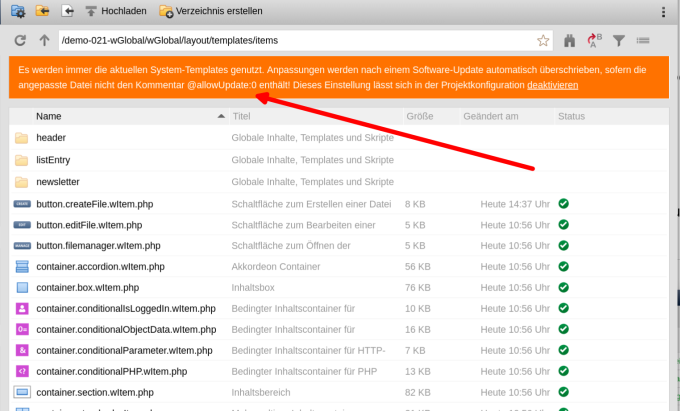Übersicht items, wenn Systemtemplates eingeschaltet sind