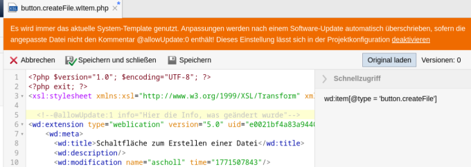 Hinweis im Editor - Source @allowUpdate:1 - Termpate wird bei Update überschrieben