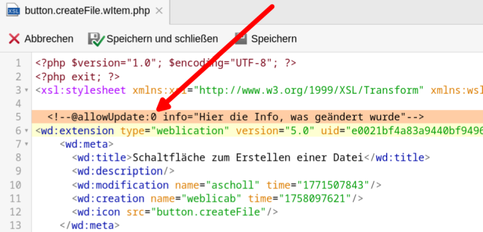Per Klick wird im Source-Code @allowUpdate:0 gesetzt, damit nicht upgedatet wird