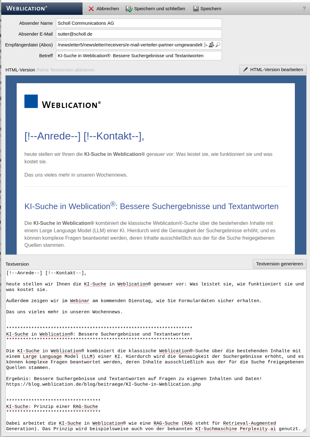 Newsletter-Modul in Weblication