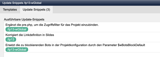 Projektaktualisierung: Update-Snippets