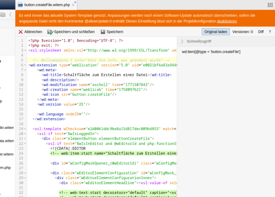 Bearbeitung eines Templates im Weblication Editor mit Hinweis im orangefarbenen Feld