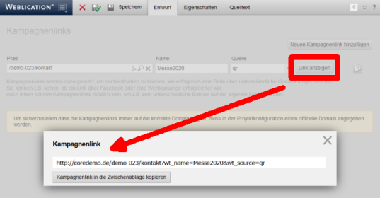 Kampagnenlink übernehmen zum Eintrag in der jeweiligen Kampagne z.B. Newsletter