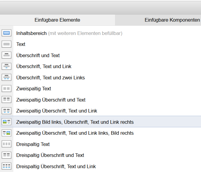 Komponenten über einfügbare Elemente