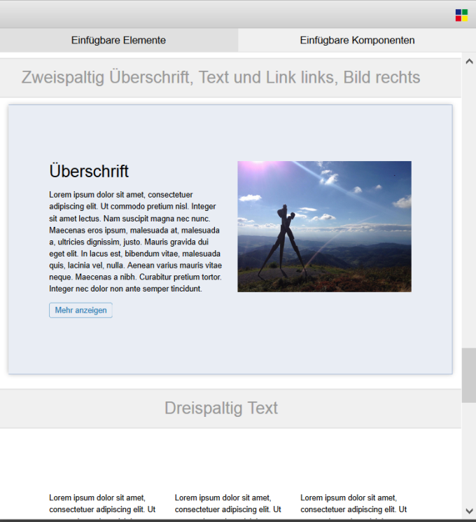Komponenten in BASE Mobile First einfügen über Komponenten Reiter mit Vorschau