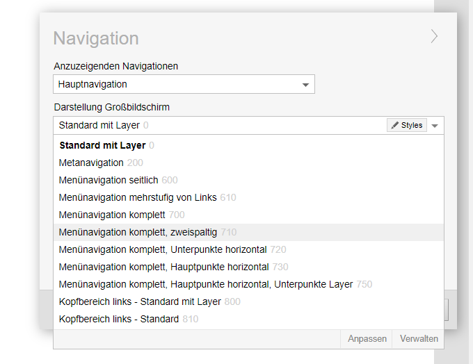 Zweispaltige Menünavigation für Großbildschirme