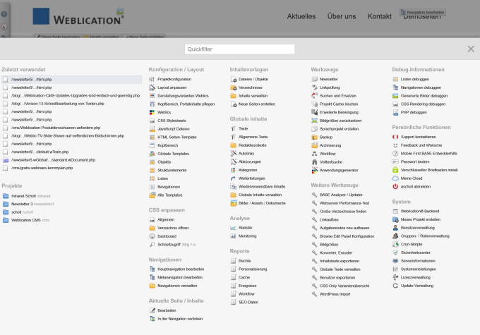 Strg+e - Schnellzugriff auf Dateien und Funktionen