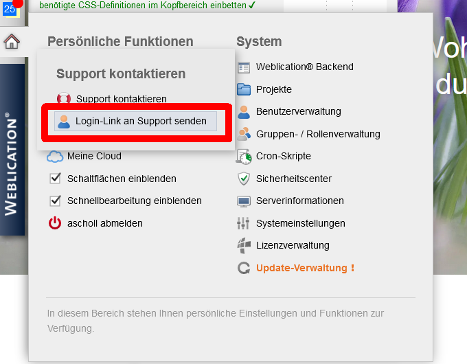 Nicht einsehbaren, temporären Login-Link an Weblication® Support senden