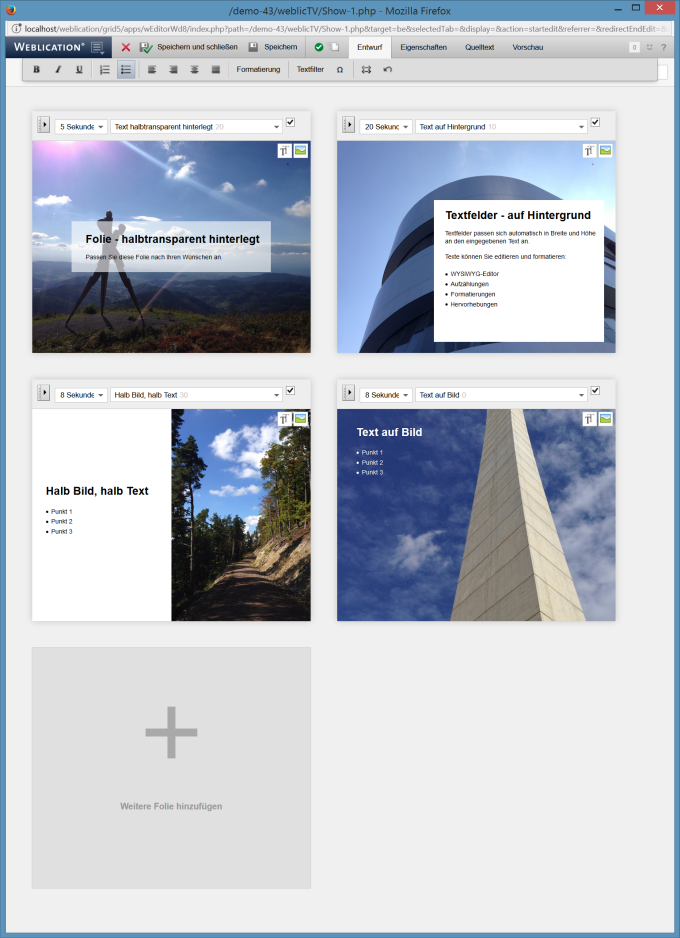 Weblic® TV: Inhalte editieren und Anzeige steuern