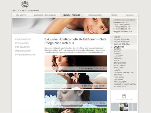 Website der ADA Cosmetics International mit Teilen der Navigation in Flash