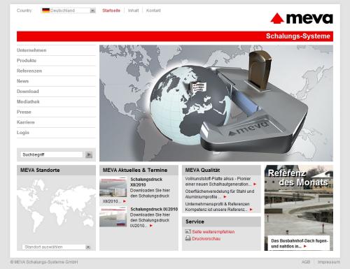 Website der MEVA Schalungs-Systeme GmbH mit mehrstufiger Navigation links