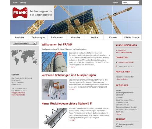 Website der Max Frank GmbH & Co. KG mit klassischem Navigationskonzept
