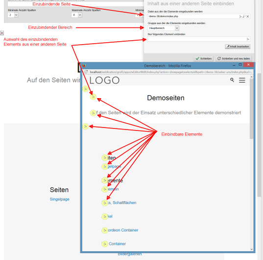 Elemente aus anderen Seiten in aktuell bearbeitete Seite einbinden