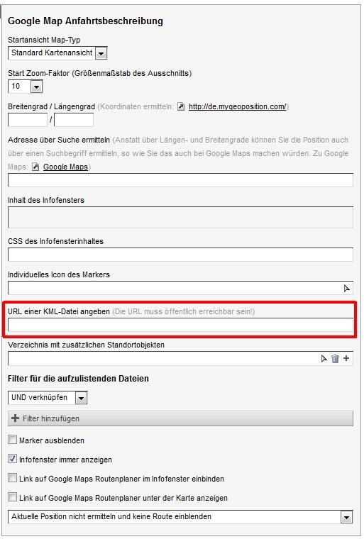 Konfiguration KML-Dateien in Weblic "Anfahrtsroute mit Google Maps"