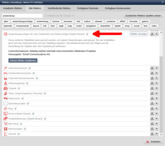 Anwendungsvorlage mit Objekt-Wizard als Weblic® installieren