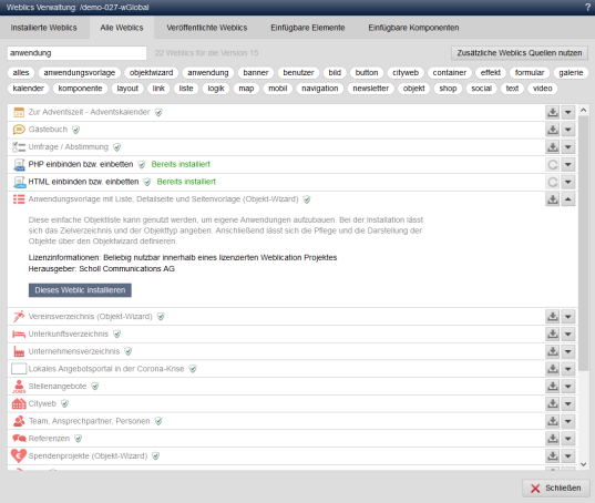 Anwendungsvorlage mit Objekt-Wizard als Weblic® installieren