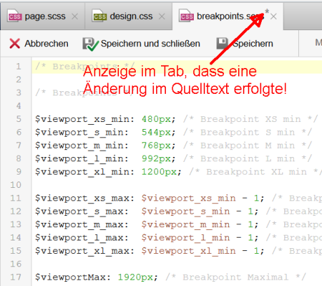 Änderungen einer Datei werden in der IDE im Tab angezeigt