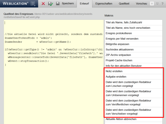 Vorgefertigte Aktionen über Schaltflächen einfügen