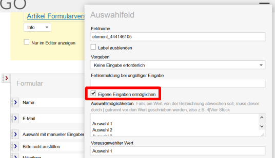 Formular-Editor: Einstellung für Auswahlfeld mit manueller Eingabe