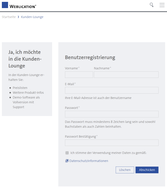 Benutzerregistrierung für passwortgeschützte Bereiche