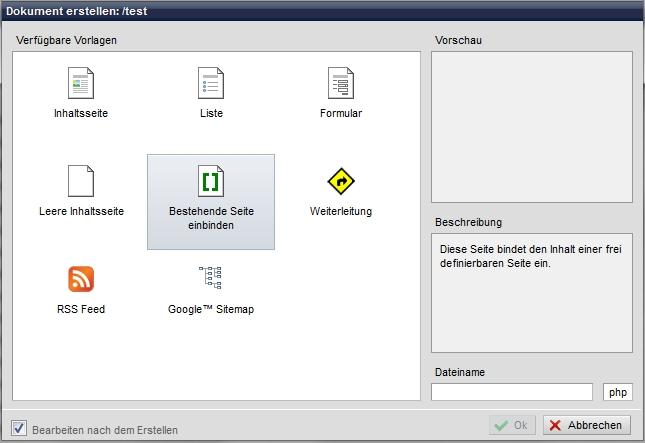 Bestehende Seite einbinden