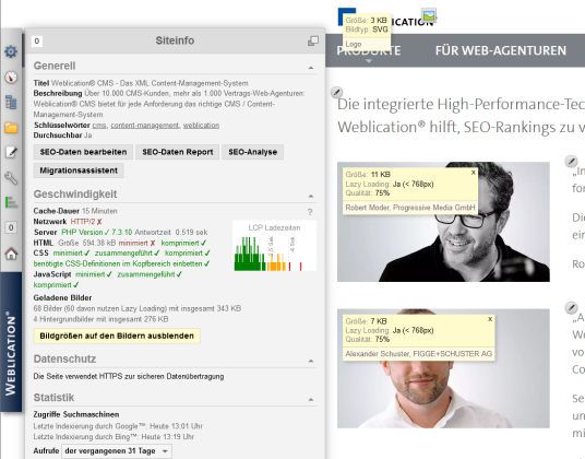 Seiteninfo - Anzeige von Bildgröße und Qualität in Seiten