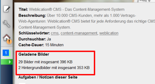 Summe der Bildgrößen aller Bilder innerhalb einer Inhaltsseite