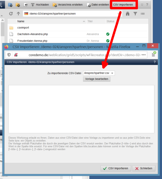Import der CSV-Daten in Objekt-Dateien in Weblication®