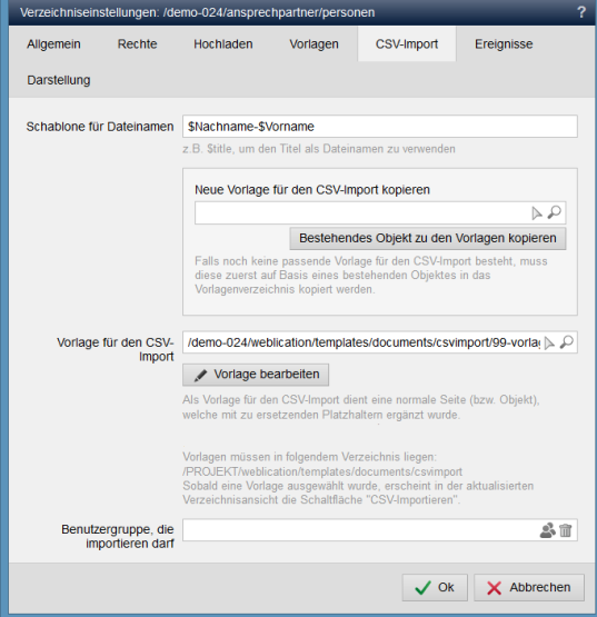 "Verzeichniseinstellungen" - Reiter "CSV-Import"