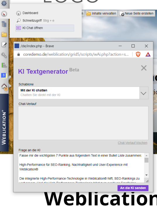 KI im Bedien-Panel von Weblication®- Chatten mit der KI