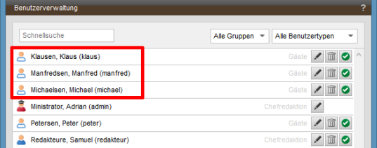 Aktive Cloud-Benutzer in der Benutzerverwaltung von Weblication