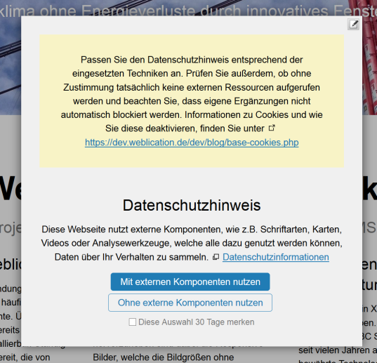 Einstellungen aus Datenschutzhinweis 30 Tage merken