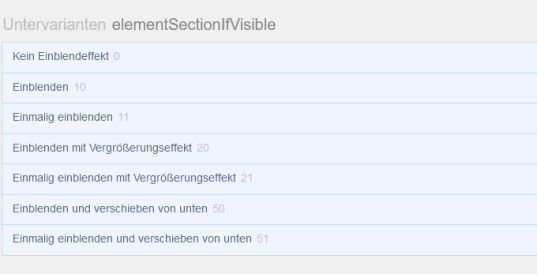 Verfügbare Einblendeffekte in Inhaltsbereichen