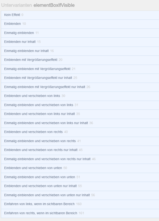 Verfügbare Einblendeffekte in Inhaltsboxen