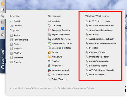 Erweiterte Werkzeuge werden im Panel direkt angezeigt