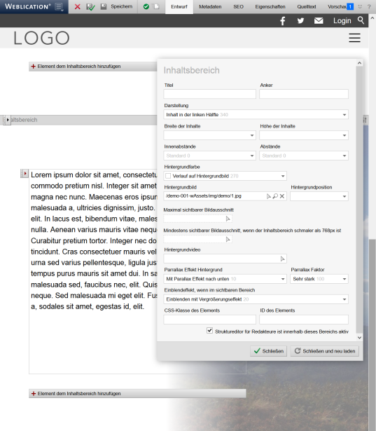 Konfigurationsmaske des Inhaltsbereichs
