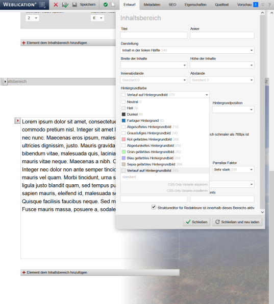 Beispiel: Effekt bzw. Hintergrundfarbe, die über das Hintergrundbild gelegt wird