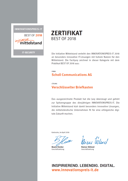 Innovationspreis-IT - Zertifikat BEST OF 2018 - Verschlüsselter Briefkasten 
