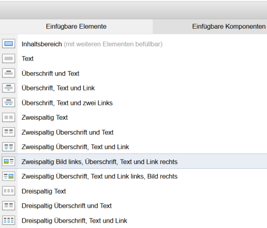 Komponenten über "Einfügbare Elemente" in Seiten einbinden - mit Vorschau-Icons