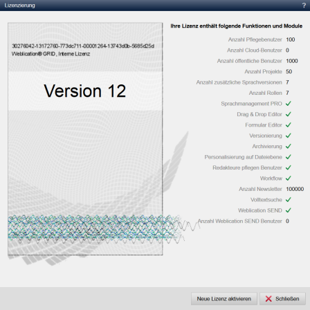 Lizenzmaske mit Lizenzinformationen
