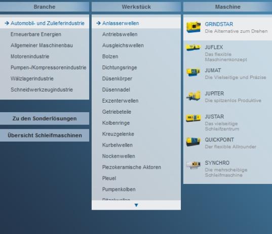 Maschinenselektor:  Maschinen werden Werkstücken und Branchen zugeordnet und können in der Website so einfach ausgewählt werden