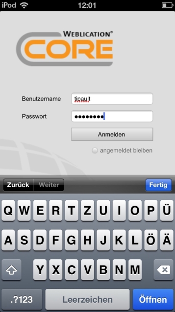 Anmelden in Weblication über Smartphone
