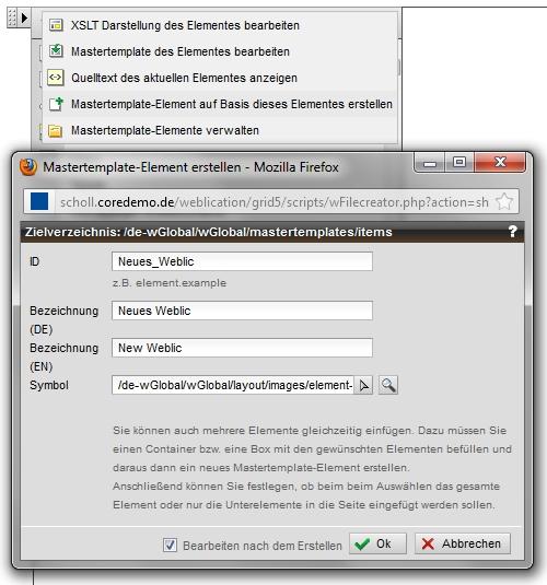 Maske zum Anlegen eines neuen Weblics auf Basis eines bestehenden Weblics