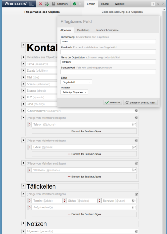Datenstruktur über Eingabemasken festlegen