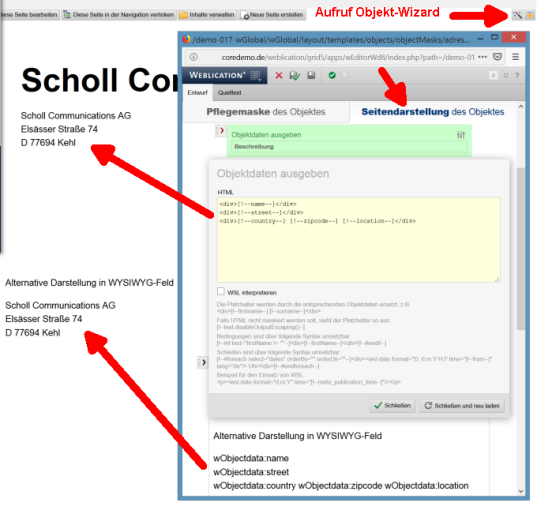 Aufruf Objekt-Wizard, Definition Seitendarstellung, Beispiele Anzeige
