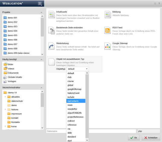 Objektauswahl beim Anlegen von Dateien